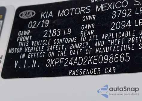 2019 Kia Forte Lxs из США, поврежденный, VIN 3KPF24AD2KE098665